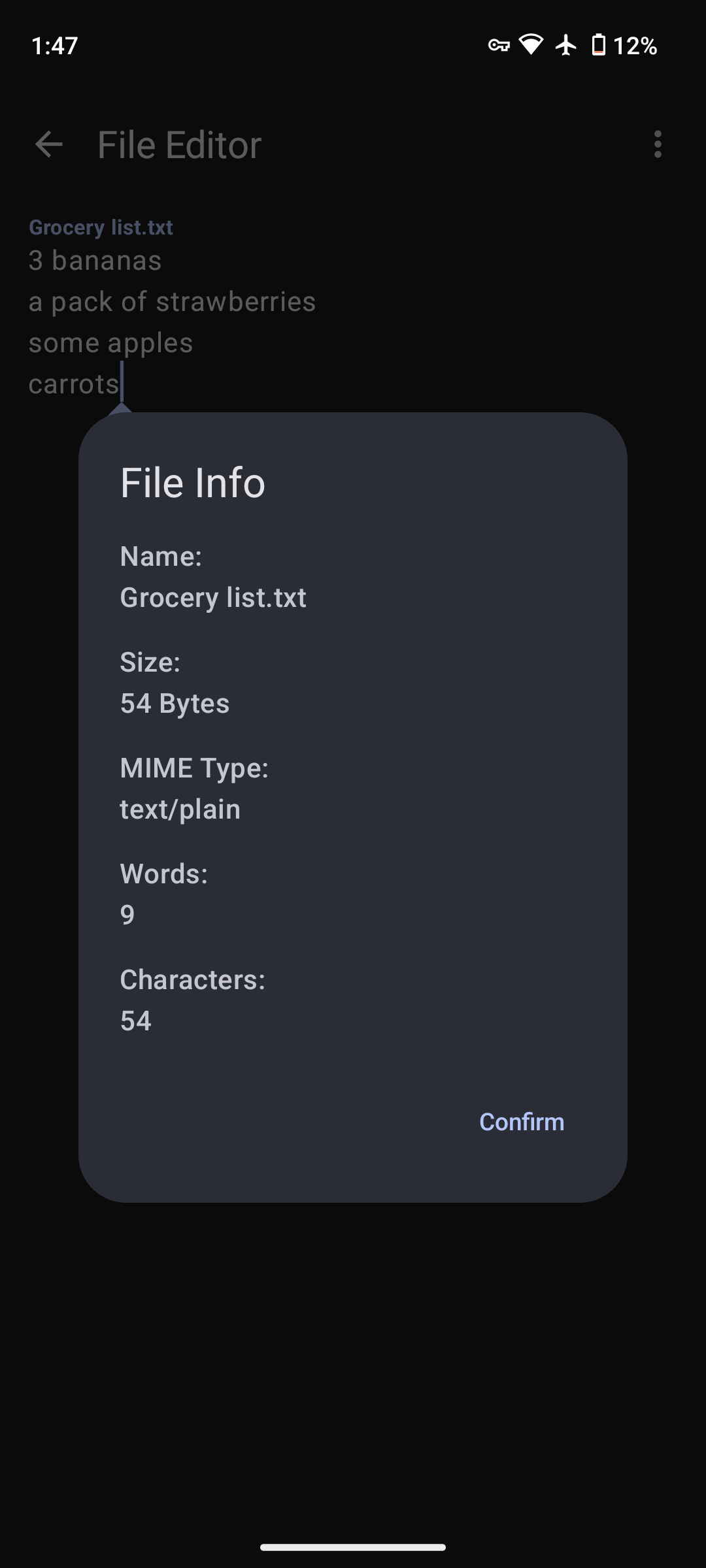 A screenshot of the BeauTyXT app which has a file opened named 'Grocery list.txt'. The file info dialog is open and 
                                            displayed on top with information about the name, size, MIME type, word count, and character count of the text of the file.