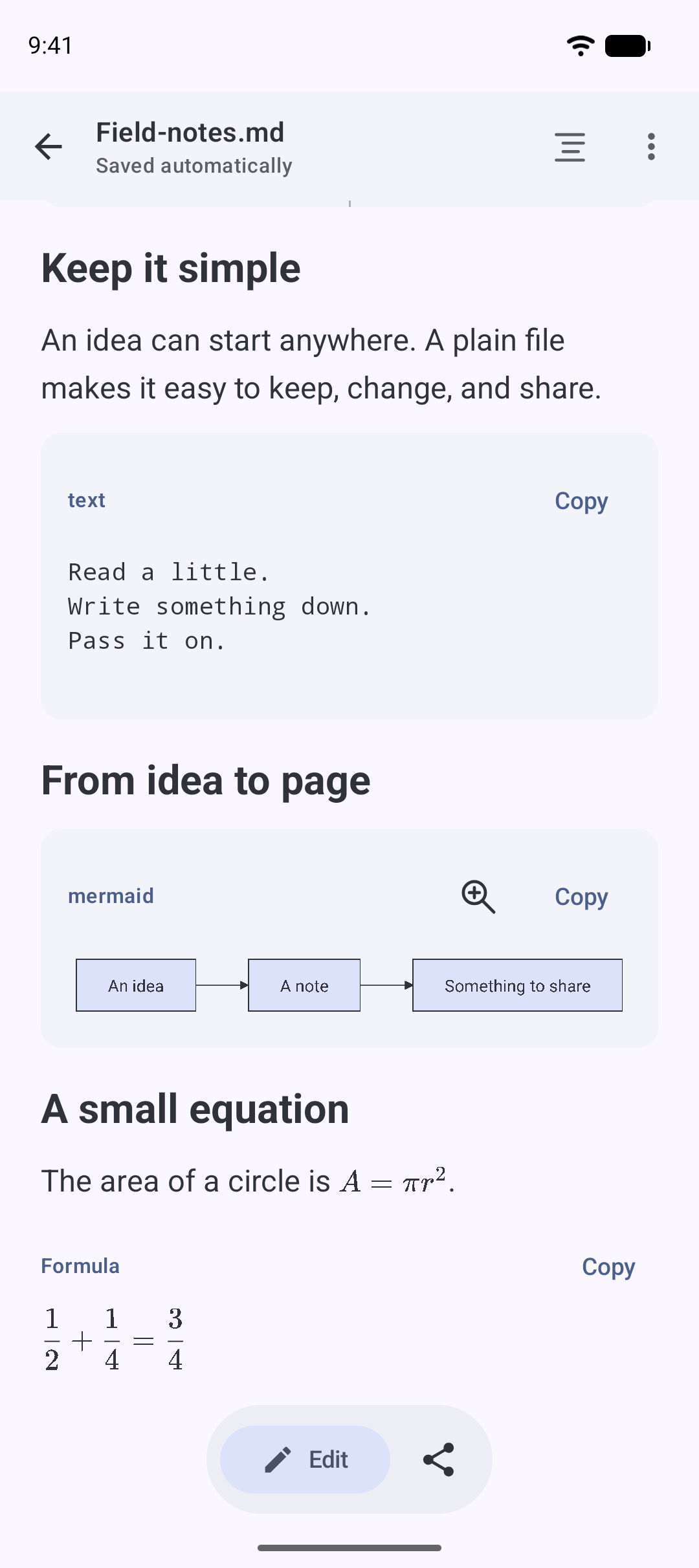 The same Markdown file showing a native Mermaid flowchart and rendered mathematical formulas.