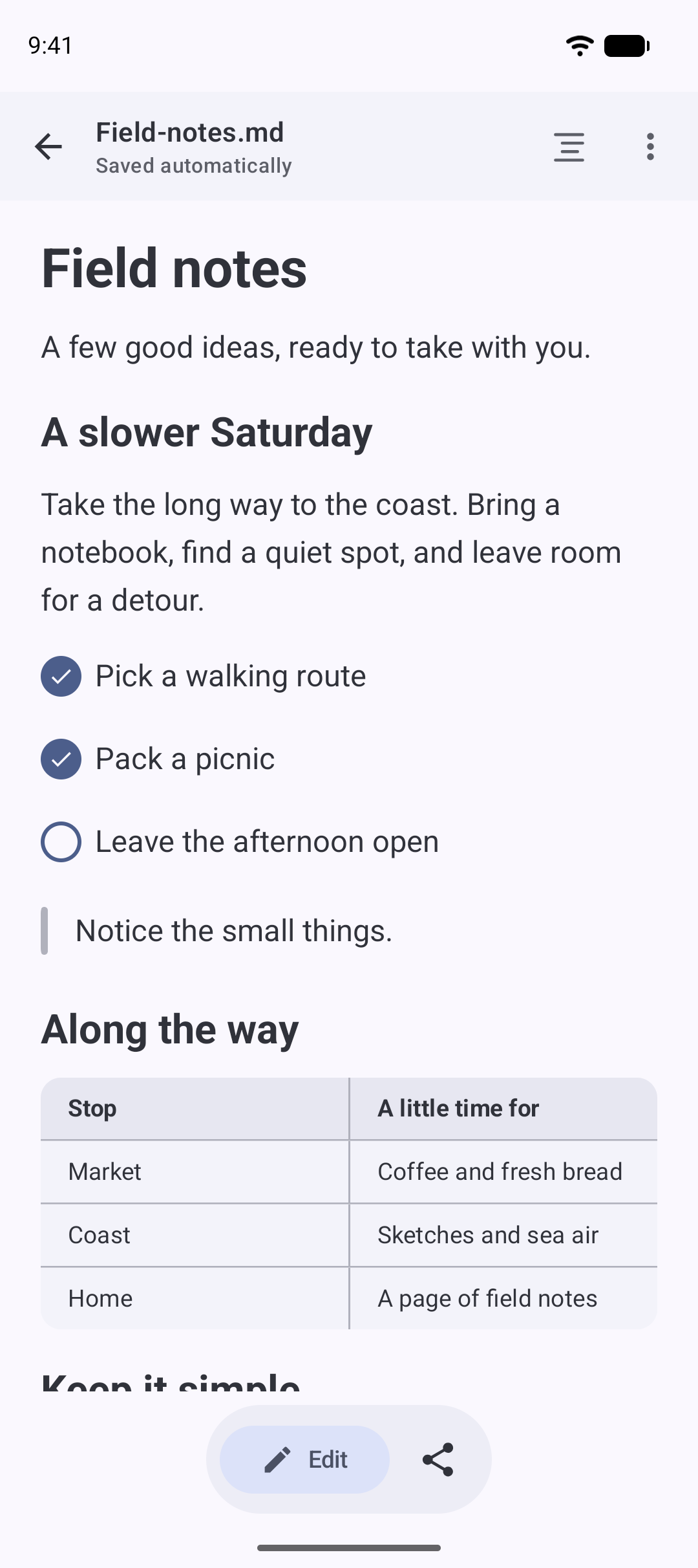 BeauTyXT displaying Field notes, a Markdown document with a heading, a checklist, a quotation, and a table.